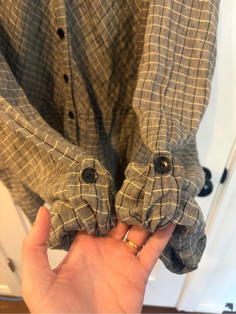 Flax Windowpane Linen Shirt Dress in Gray, black and Cream plaid - Picture 5 of 17